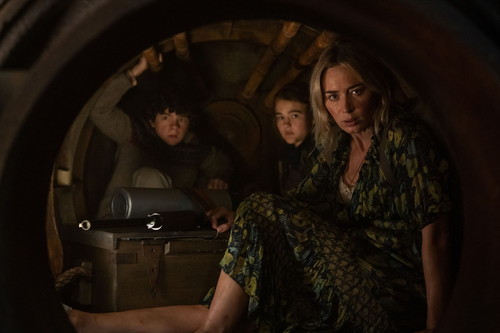 L-r, Marcus (Noah Jupe), Regan (Millicent Simmonds), and Evelyn (Emily Blunt) brave the unknown in "A Quiet Place Part II."