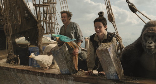 (from left) Duck Dab-Dab (Octavia Spencer), polar bear Yoshi (John Cena), parrot Polynesia (Emma Thompson), Dr. John Dolittle (Robert Downey Jr.), ostrich Plimpton (Kumail Nanjiani), Tommy Stubbins (Harry Collett) and gorilla Chee-Chee (Rami Malek) in Dolittle, directed by Stephen Gaghan.