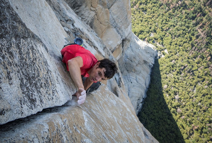 Alex Honnold free solos on El Capitan's Freerider in Yosemite National Park.